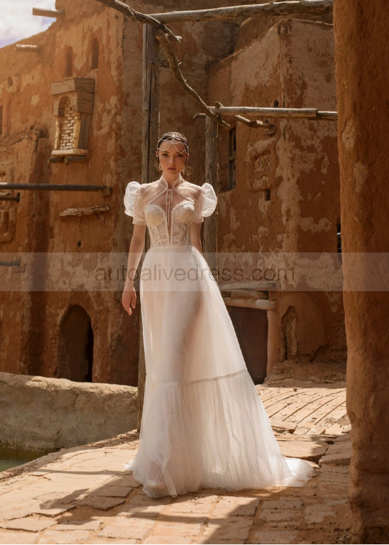 Strapless Ivory Lace Dotted Tulle Wedding Dress With Jacket